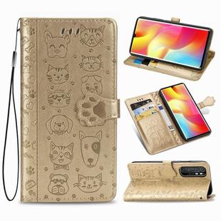 For Xiaomi Mi Note 10 Lite Lovely Cat and Dog Embossing Pattern Horizontal Flip Leather Case , with Holder & Card Slots & Wallet & Cartoon Clasp & Lanyard(Gold)