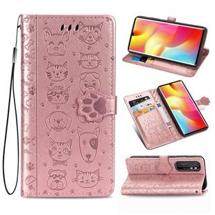 For Xiaomi Mi Note 10 Lite Lovely Cat and Dog Embossing Pattern Horizontal Flip Leather Case , with Holder & Card Slots & Wallet & Cartoon Clasp & Lanyard(Rose Gold)