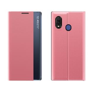 For Huawei P30 Lite Side Window Display Comes with Sleep Function / Stand Plain Cloth Flip Phone Case(Pink)