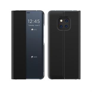 For Huawei Mate 20 Pro Side Window Display Comes with Sleep Function / Stand Plain Cloth Flip Phone Case(Black)