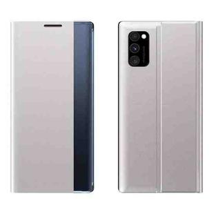For Samsung Galaxy A71 5G Plain Texture Cloth Attraction Flip Holder Leather Phone Case(Silver)