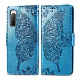 For Sony Xperia 10 II Butterfly Love Flower Embossed Horizontal Flip Leather Case with Bracket / Card Slot / Wallet / Lanyard(Blue)