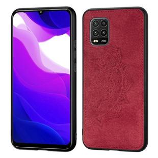 For Xiaomi 10 Lite 5G Mandala Embossed Cloth Cover PC + TPU Mobile Phone Case with Magnetic Function and Hand Strap(Red)