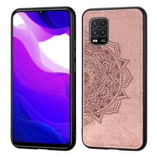 For Xiaomi 10 Lite 5G Mandala Embossed Cloth Cover PC + TPU Mobile Phone Case with Magnetic Function and Hand Strap(Rose Gold)