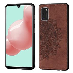 For Samsung Galaxy A41 Mandala Embossed Cloth Cover PC + TPU Mobile Phone Case with Magnetic Function and Hand Strap(Brown)