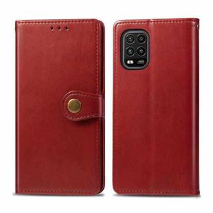 For Xiaomi Mi 10 Lite 5G Retro Solid Color Leather Buckle Phone Case with Lanyard & Photo Frame & Card Slot & Wallet & Stand Function(Red)