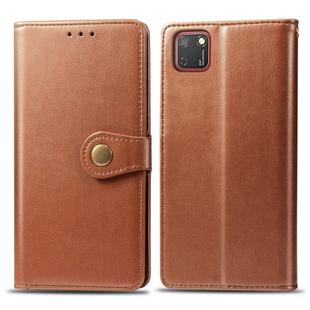 For Huawei Y5P 2020 Retro Solid Color Leather Buckle Phone Case with Lanyard & Photo Frame & Card Slot & Wallet & Stand Function(Brown)