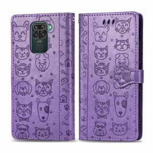 For Xiaomi Redmi 10X (4G) / Note 9 Cute Cat and Dog Embossed Horizontal Flip Leather Case with Bracket / Card Slot / Wallet / Lanyard(Purple)