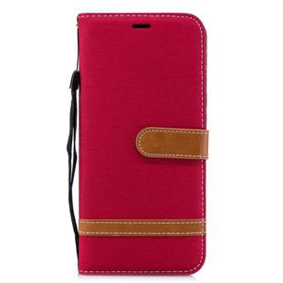 Color Matching Denim Texture Leather Case for Galaxy A6+, with Holder & Card Slots & Wallet & Lanyard(Red)