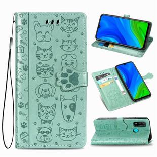 For Huawei P Smart 2020 Lovely Cat and Dog Embossing Pattern Horizontal Flip Leather Case , with Holder & Card Slots & Wallet & Cartoon Clasp & Lanyard(Green)