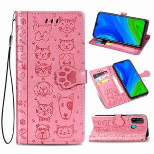 For Huawei P Smart 2020 Lovely Cat and Dog Embossing Pattern Horizontal Flip Leather Case , with Holder & Card Slots & Wallet & Cartoon Clasp & Lanyard(Pink)