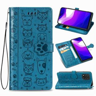 For Xiaomi Mi 10 Lite 5G Lovely Cat and Dog Embossing Pattern Horizontal Flip Leather Case , with Holder & Card Slots & Wallet & Cartoon Clasp & Lanyard(Blue)