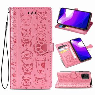 For Xiaomi Mi 10 Lite 5G Lovely Cat and Dog Embossing Pattern Horizontal Flip Leather Case , with Holder & Card Slots & Wallet & Cartoon Clasp & Lanyard(Pink)