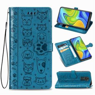 For Xiaomi Redmi 10X & Note 9 Lovely Cat and Dog Embossing Pattern Horizontal Flip Leather Case , with Holder & Card Slots & Wallet & Cartoon Clasp & Lanyard(Blue)