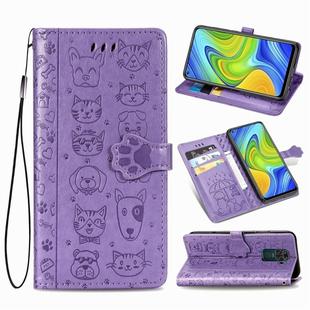 For Xiaomi Redmi 10X & Note 9 Lovely Cat and Dog Embossing Pattern Horizontal Flip Leather Case , with Holder & Card Slots & Wallet & Cartoon Clasp & Lanyard(Purple)