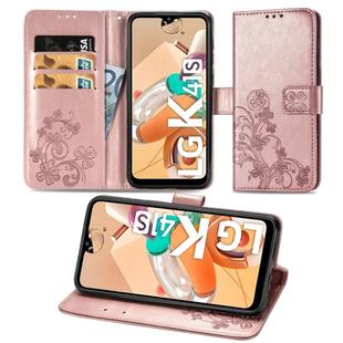For LG K41S Lucky Clover Pressed Flowers Pattern Leather Case with Holder & Card Slots & Wallet & Hand Strap(Rose Gold)