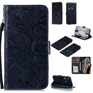 For Huawei Y6P Lace Flower Embossing Pattern Horizontal Flip Leather Case , with Holder & Card Slots & Wallet & Photo Frame & Lanyard(Dark Blue)
