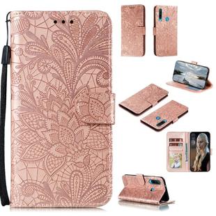For Huawei Y6P Lace Flower Embossing Pattern Horizontal Flip Leather Case , with Holder & Card Slots & Wallet & Photo Frame & Lanyard(Rose Gold)