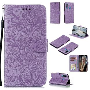 For Huawei Y6P Lace Flower Embossing Pattern Horizontal Flip Leather Case , with Holder & Card Slots & Wallet & Photo Frame & Lanyard(Purple)