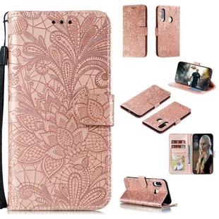 For Huawei Y7P / P40 Lite  Lace Flower Embossing Pattern Horizontal Flip Leather Case , with Holder & Card Slots & Wallet & Photo Frame & Lanyard(Rose Gold)