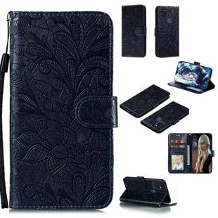 For Samsung Galaxy A21s Lace Flower Embossing Pattern Horizontal Flip Leather Case , with Holder & Card Slots & Wallet & Photo Frame & Lanyard(Dark Blue)