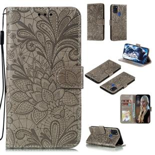 For Samsung Galaxy A21s Lace Flower Embossing Pattern Horizontal Flip Leather Case , with Holder & Card Slots & Wallet & Photo Frame & Lanyard(Grey)