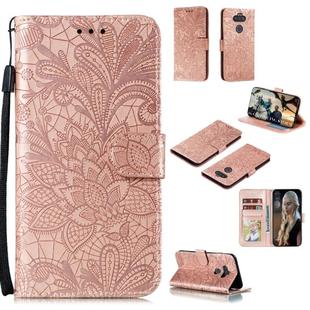 For LG K31 Lace Flower Embossing Pattern Horizontal Flip Leather Case , with Holder & Card Slots & Wallet & Photo Frame & Lanyard(Rose Gold)