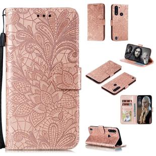 For Motorola Moto G8 Power Lite Lace Flower Embossing Pattern Horizontal Flip Leather Case , with Holder & Card Slots & Wallet & Photo Frame & Lanyard(Rose Gold)