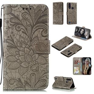 For Motorola Moto G8 Power Lite Lace Flower Embossing Pattern Horizontal Flip Leather Case , with Holder & Card Slots & Wallet & Photo Frame & Lanyard(Grey)