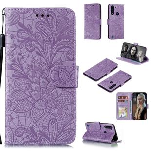 For Motorola Moto G8 Power Lite Lace Flower Embossing Pattern Horizontal Flip Leather Case , with Holder & Card Slots & Wallet & Photo Frame & Lanyard(Purple)