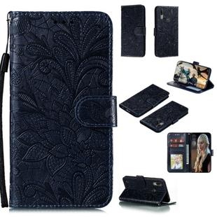 For Motorola Moto E6S 2020 Lace Flower Embossing Pattern Horizontal Flip Leather Case , with Holder & Card Slots & Wallet & Photo Frame & Lanyard(Dark Blue)