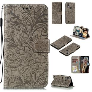 For Motorola Moto E6S 2020 Lace Flower Embossing Pattern Horizontal Flip Leather Case , with Holder & Card Slots & Wallet & Photo Frame & Lanyard(Grey)