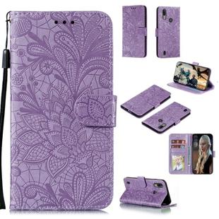 For Motorola Moto E6S 2020 Lace Flower Embossing Pattern Horizontal Flip Leather Case , with Holder & Card Slots & Wallet & Photo Frame & Lanyard(Purple)