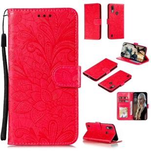 For Motorola Moto E6S 2020 Lace Flower Embossing Pattern Horizontal Flip Leather Case , with Holder & Card Slots & Wallet & Photo Frame & Lanyard(Red)