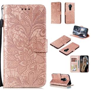 For Nokia 5.3 Lace Flower Embossing Pattern Horizontal Flip Leather Case , with Holder & Card Slots & Wallet & Photo Frame & Lanyard(Rose Gold)