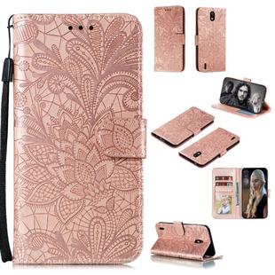 For Nokia 1.3 Lace Flower Embossing Pattern Horizontal Flip Leather Case , with Holder & Card Slots & Wallet & Photo Frame & Lanyard(Rose Gold)