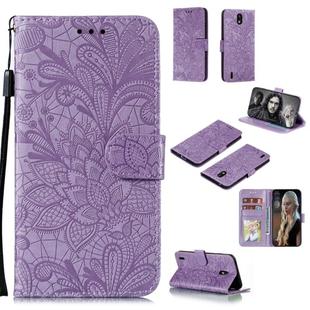 For Nokia 1.3 Lace Flower Embossing Pattern Horizontal Flip Leather Case , with Holder & Card Slots & Wallet & Photo Frame & Lanyard(Purple)
