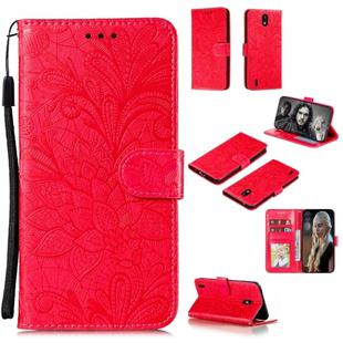 For Nokia 1.3 Lace Flower Embossing Pattern Horizontal Flip Leather Case , with Holder & Card Slots & Wallet & Photo Frame & Lanyard(Red)