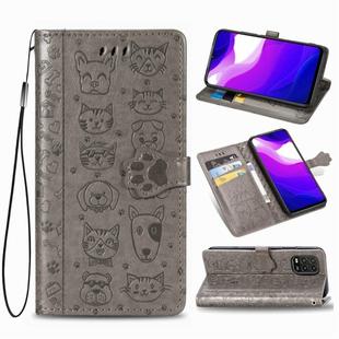 For Xiaomi 10 Lite 5G Cute Cat and Dog Embossed Horizontal Flip Leather Case with Bracket / Card Slot / Wallet / Lanyard(Gray)