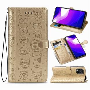 For Xiaomi 10 Lite 5G Cute Cat and Dog Embossed Horizontal Flip Leather Case with Bracket / Card Slot / Wallet / Lanyard(Gold)