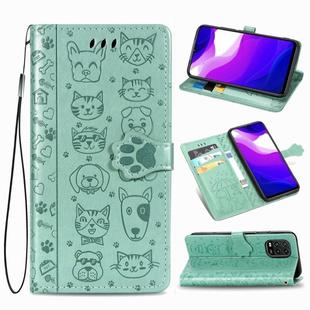 For Xiaomi 10 Lite 5G Cute Cat and Dog Embossed Horizontal Flip Leather Case with Bracket / Card Slot / Wallet / Lanyard(Green)