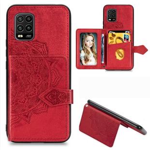 For Xiaomi 10 Lite 5G Mandala Embossed Magnetic Cloth PU + TPU + PC Case with Holder & Card Slots & Wallet & Photo Frame & Strap(Red)