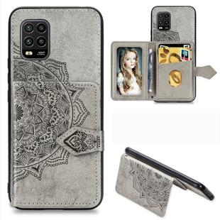 For Xiaomi 10 Lite 5G Mandala Embossed Magnetic Cloth PU + TPU + PC Case with Holder & Card Slots & Wallet & Photo Frame & Strap(Gray)