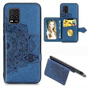 For Xiaomi 10 Lite 5G Mandala Embossed Magnetic Cloth PU + TPU + PC Case with Holder & Card Slots & Wallet & Photo Frame & Strap(Blue)