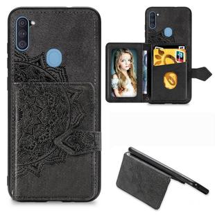 For Samsung Galaxy A11 Mandala Embossed Magnetic Cloth PU + TPU + PC Case with Holder & Card Slots & Wallet & Photo Frame & Strap(Black)
