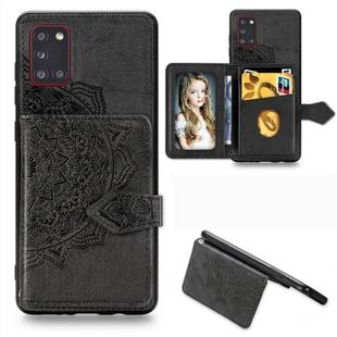 For Samsung Galaxy A31 Mandala Embossed Magnetic Cloth PU + TPU + PC Case with Holder & Card Slots & Wallet & Photo Frame & Strap(Black)