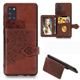 For Samsung Galaxy A31 Mandala Embossed Magnetic Cloth PU + TPU + PC Case with Holder & Card Slots & Wallet & Photo Frame & Strap(Brown)