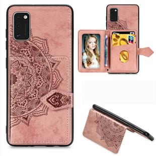 For Samsung Galaxy A41 Mandala Embossed Magnetic Cloth PU + TPU + PC Case with Holder & Card Slots & Wallet & Photo Frame & Strap(Rose Gold)