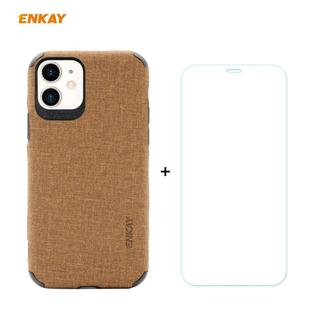 For iPhone 11 ENKAY ENK-PC0312 2 in 1 Business Series Denim Texture PU Leather + TPU Soft Slim Case Cover ＆ 0.26mm 9H 2.5D Tempered Glass Film(Brown)