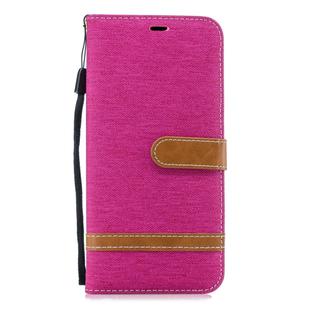 Color Matching Denim Texture Leather Case for Galaxy J4+, with Holder & Card Slots & Wallet & Lanyard(Rose Red)